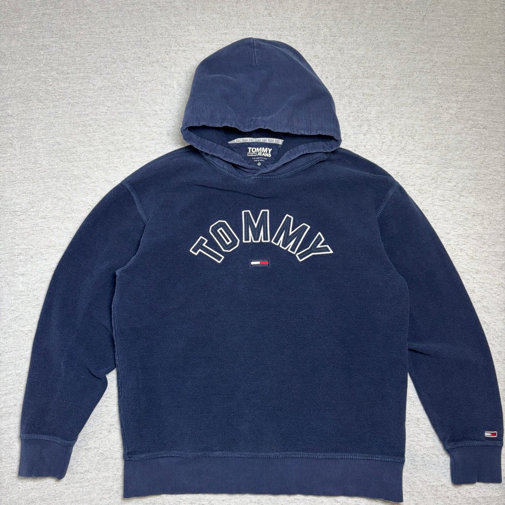 Tommy Jeans Mens Hoodie Medium Navy Blue Fleece Arched Logo Pullover Collegiate